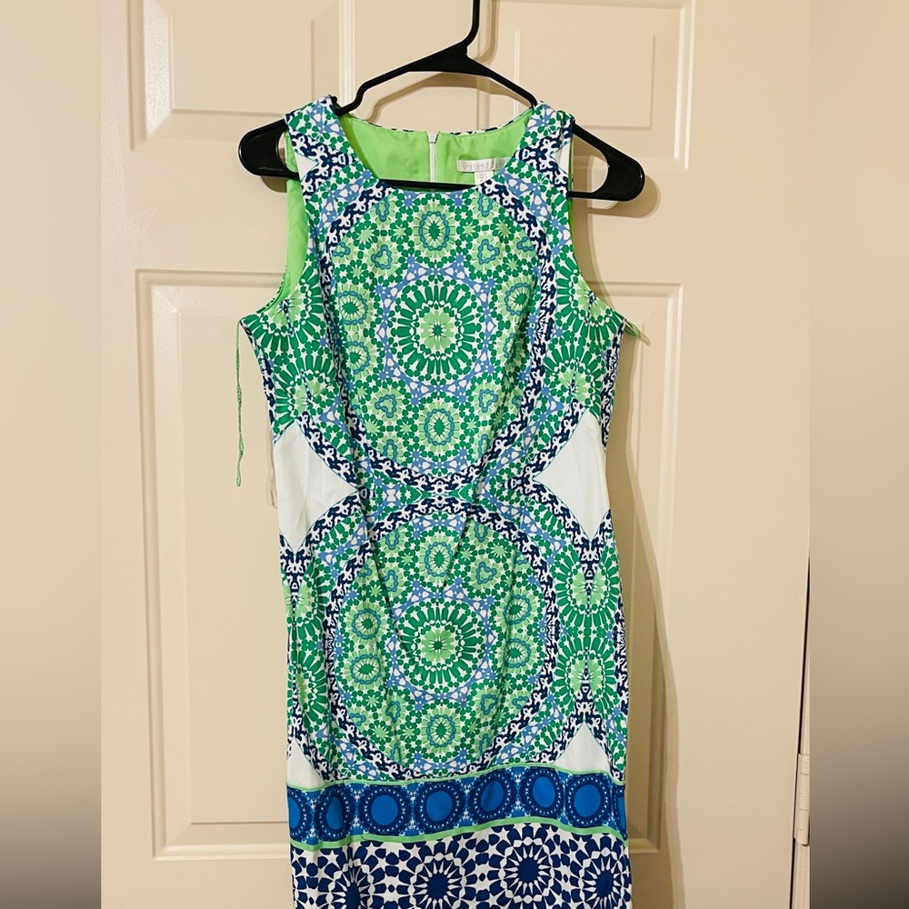 London Times Vibrant Green and Blue Patterned Mini Dress